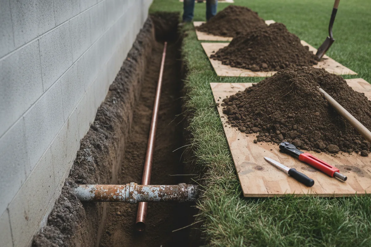 Excavated water line trench during Sewer Line Repair in Bendersville